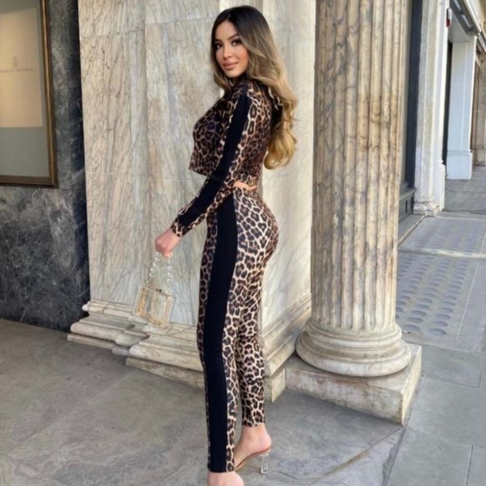 Leopard Print Long Sleeve Hoodie Hooded Crop Top and Joggers Pants Two Piece Set - Picture 5 of 10
